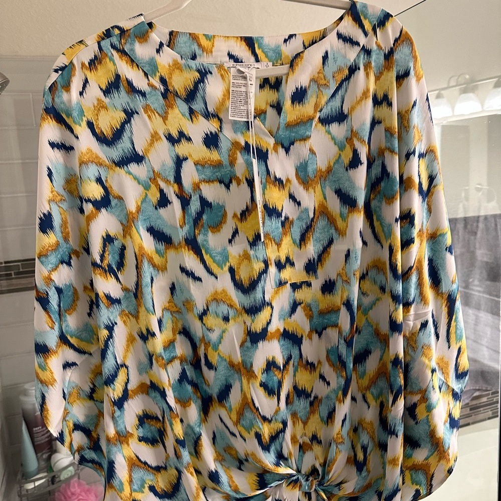 Chico's Vibrant Blue and Yellow Patterned Blouse